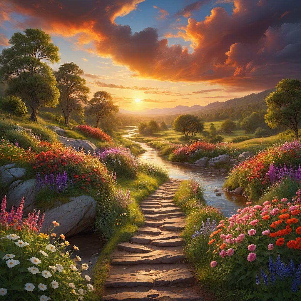 A serene landscape depicting a person standing at a crossroads, surrounded by lush greenery and blooming flowers. One path leads to a bright sunrise symbolizing hope and personal growth, while the other fades into dark clouds representing past struggles. Incorporate elements like a winding river and soft, warm light to evoke a sense of peace and transformation. super-realistic. vibrant colors. inspirational atmosphere.