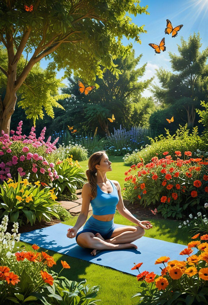 A serene landscape depicting a sunlit garden filled with blooming flowers, butterflies fluttering, and a clear blue sky. In the foreground, a joyful person practicing yoga surrounded by lush greenery, exuding a sense of bliss and tranquility. Soft rays of sunlight beaming down, illuminating the scene with warmth. The atmosphere feels inviting and uplifting, encouraging viewers to embrace cheerful moments. vibrant colors. super-realistic.