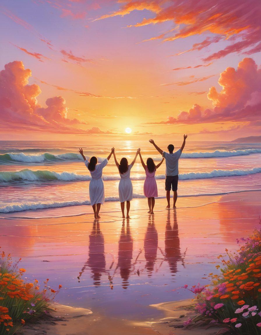 A serene landscape at sunrise, showcasing a diverse group of people reaching out to each other, symbolizing connection and joy. Each person represents different backgrounds, smiling and radiating happiness as they embrace their journeys. The scene is enhanced with vibrant colors of the sky reflecting the warmth of joy and fulfillment. Incorporate elements of nature, such as blooming flowers and gentle waves in the background, to evoke a sense of tranquility. super-realistic. vibrant colors. scenic background.